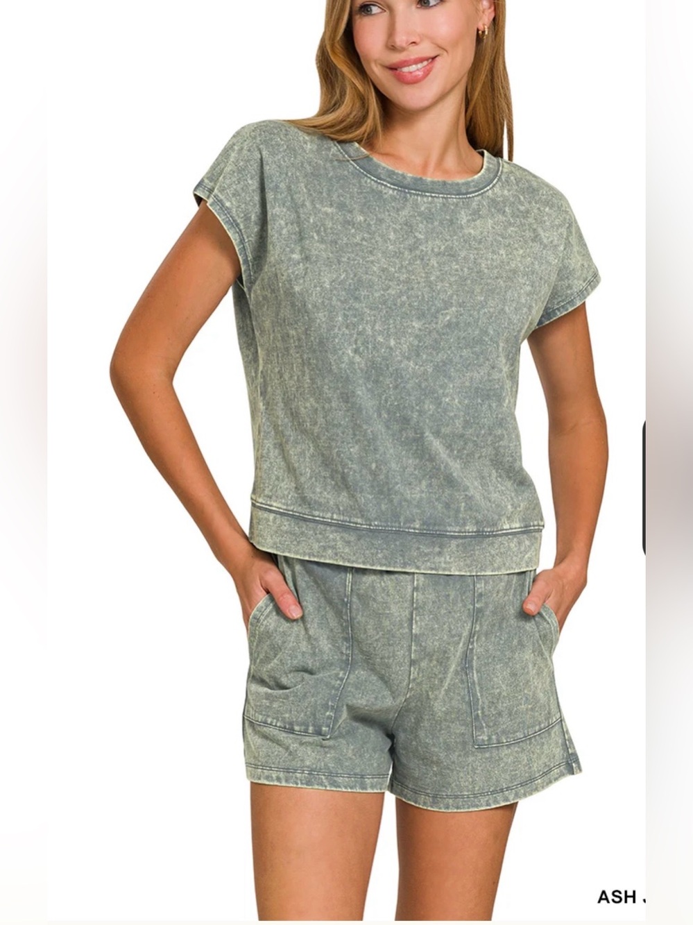 Zenana Premium Cotton Washed Sleeveless Top & Shorts Set, Ash Jade, Size Large